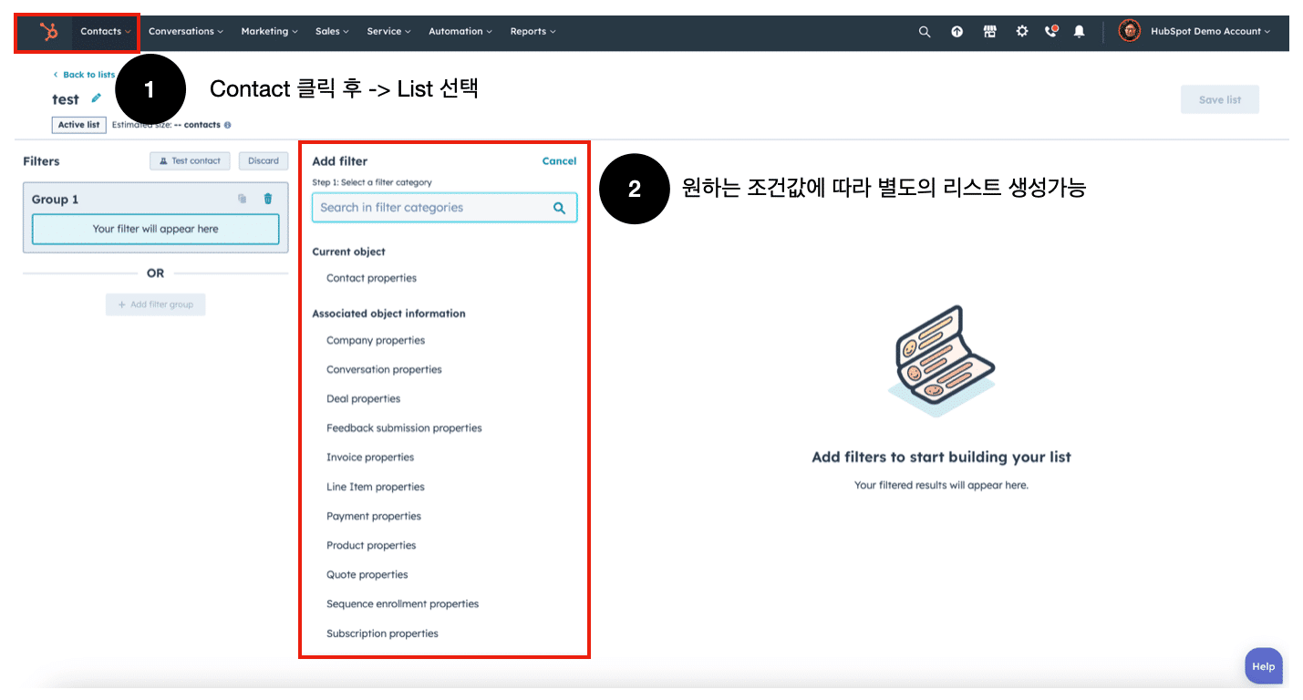 허브스팟 리스트 화면에서 별도의 컨택 그룹을 만들 수 있는 ‘List 기능’