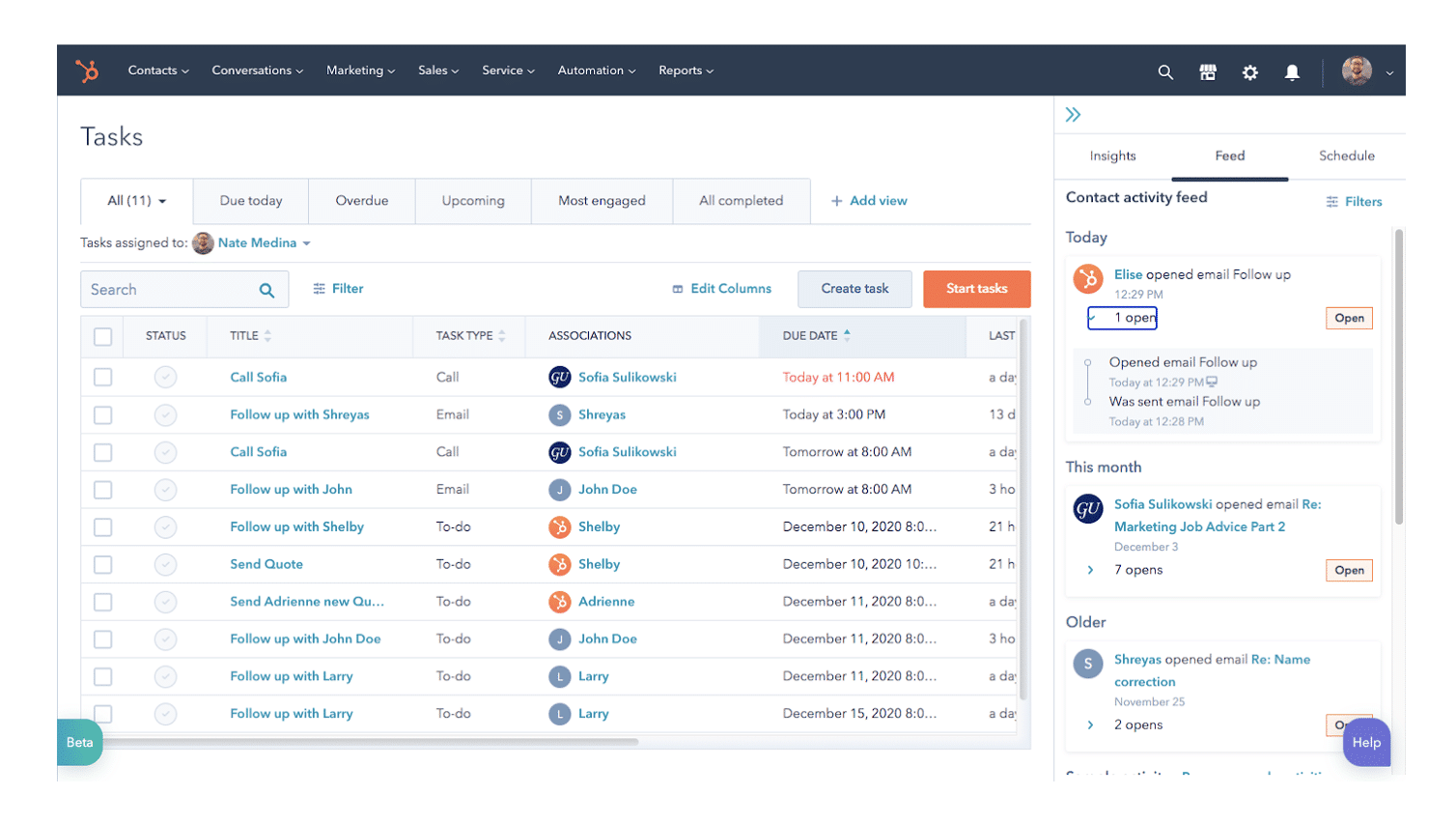 HubSpot에서 Task를 관리하는 화면 예시