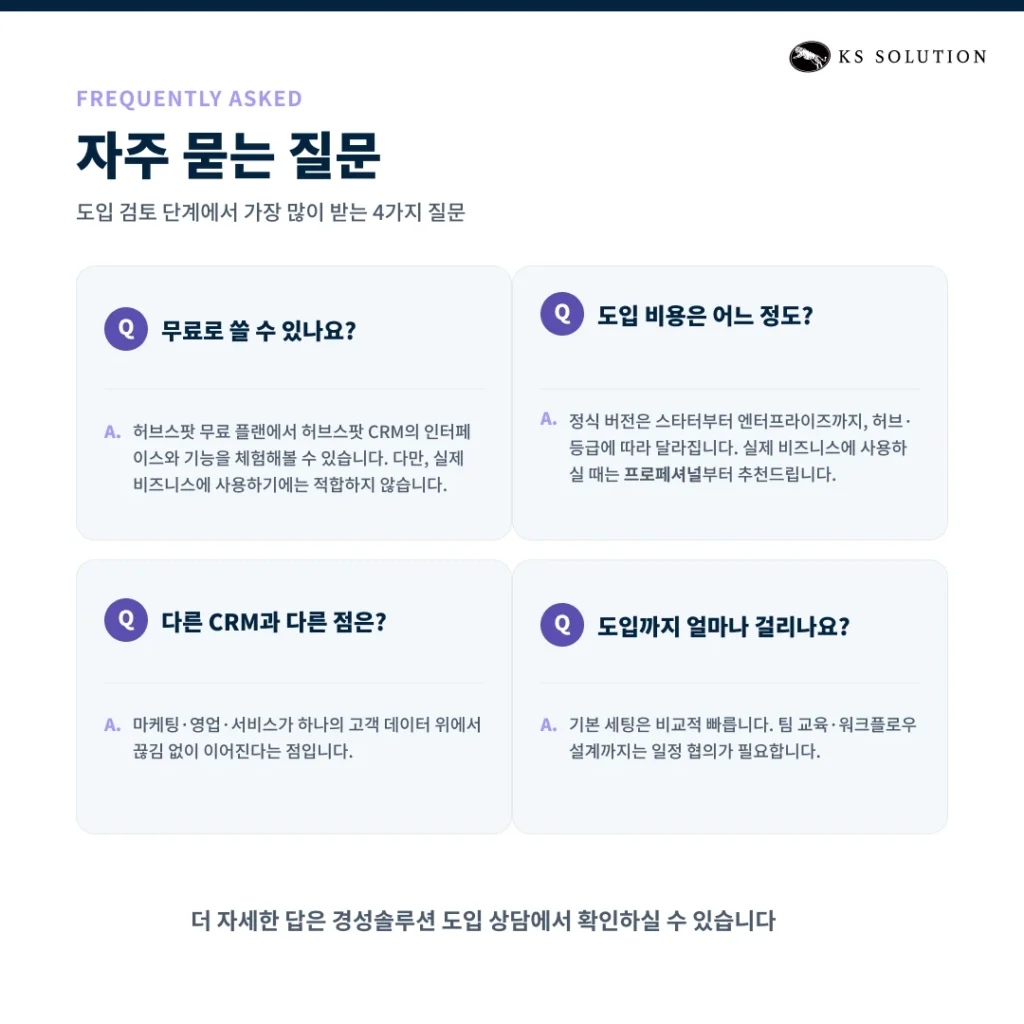 허브스팟(HubSpot)이란? 2026 완벽 가이드 - 기능, 장단점, 도입 방법 총정리 - 자주 묻는 질문