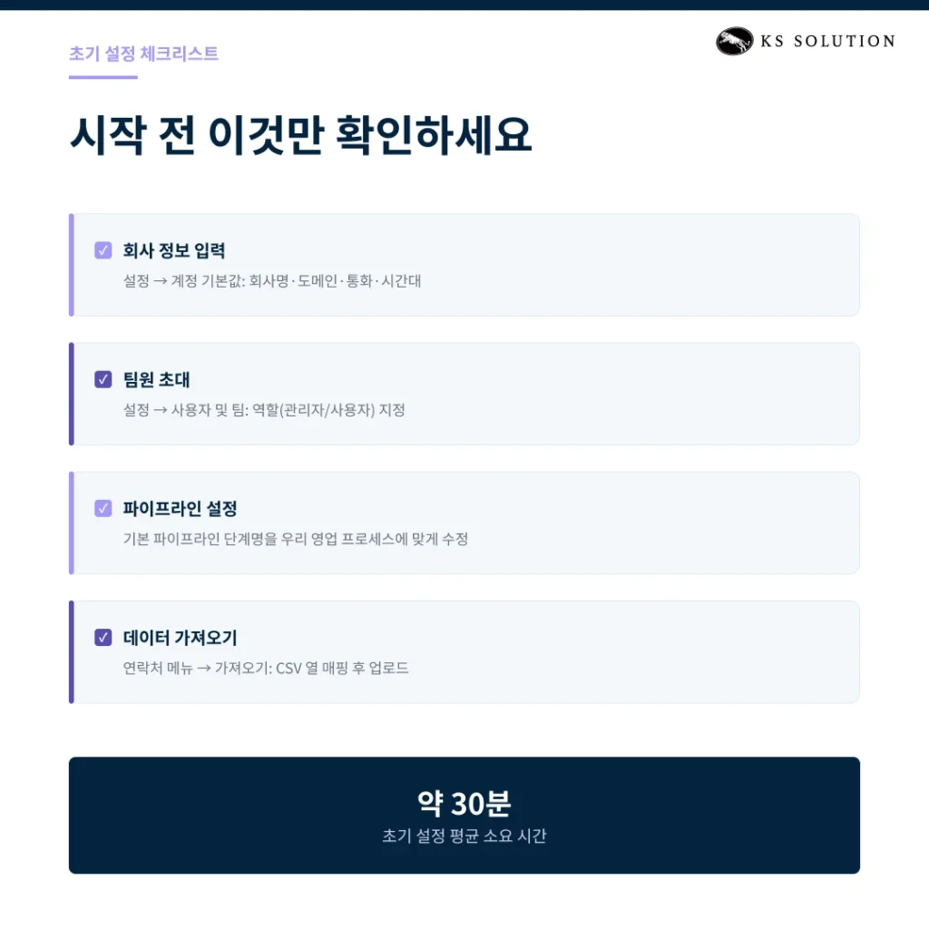 허브스팟 CRM 사용법 : 초보자를 위한 단계별 시작 가이드 - 허브스팟 CRM 시작하기 : 계정 생성과 초기 설정 - 초기 설정 체크리스트