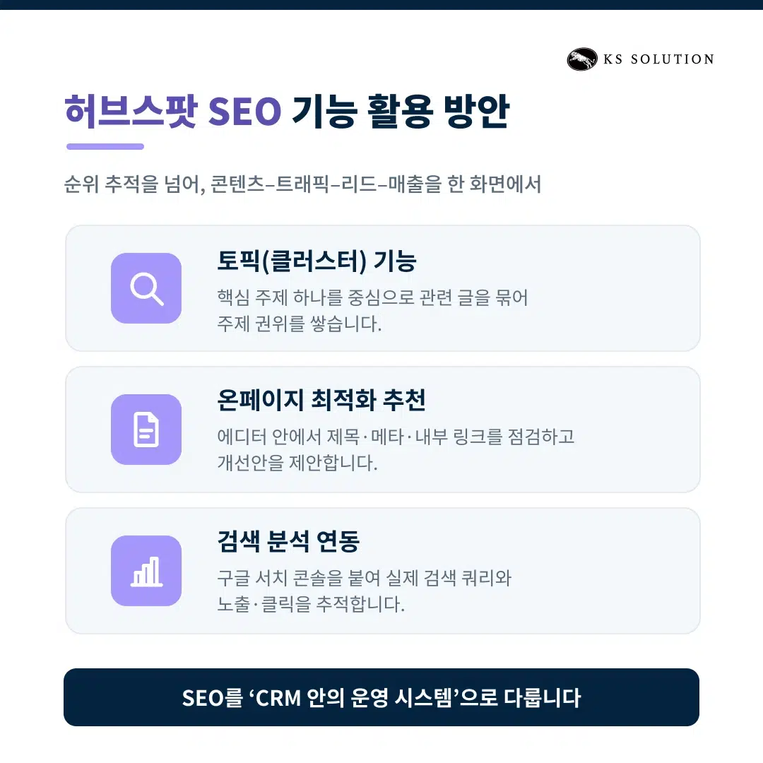 허브스팟 SEO 기능 활용 방안 : 검색 상위 노출을 위한 콘텐츠 전략 - 허브스팟 SEO 도구로 할 수 있는 일