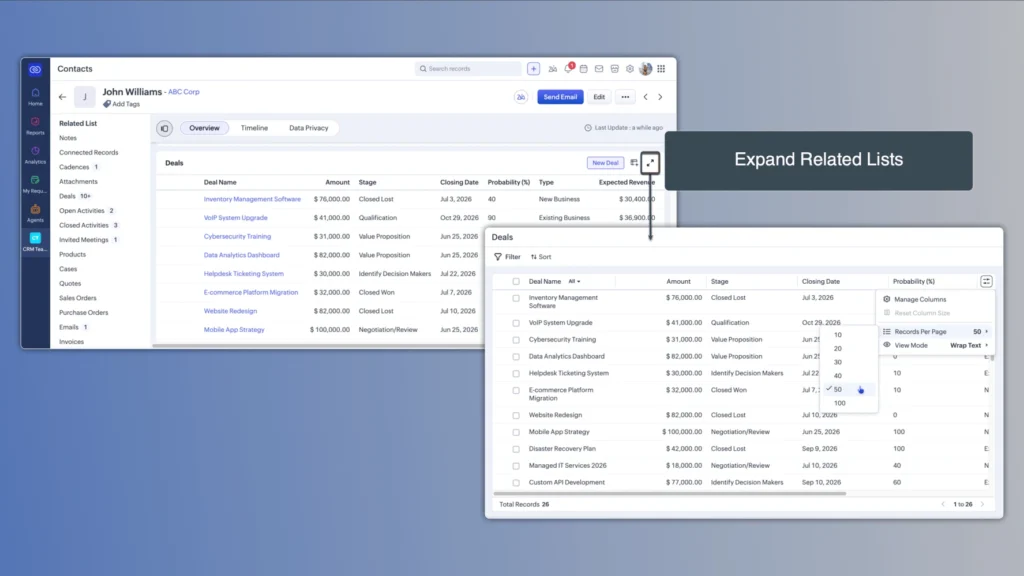 조호 CRM 2026년 6월 업데이트 뉴스 - 관련 목록 확장 보기 뷰 화면