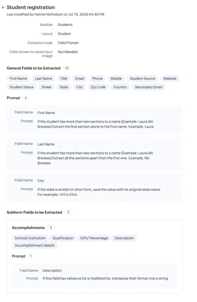 조호(Zoho) 2026년 7월 제품 업데이트 글 - Zia ICR 서브폼 표 데이터 추출
