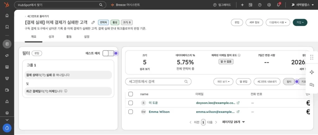 구독 서비스 CRM 온보딩 사례 - 실제 허브스팟 화면 - [화면 3] 활성 세그먼트 › 결제 실패