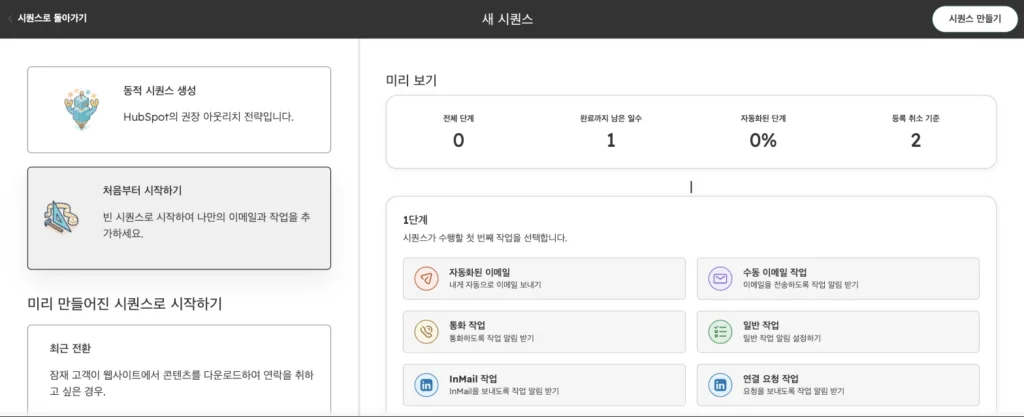 허브스팟 시퀀스 사용법 : 영업 팔로업 이메일 자동화 설정과 템플릿 예시 - 실제 허브스팟 화면 - [화면 5] 새 시퀀스