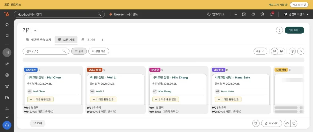 안과 병원 CRM 온보딩 사례 - 실제 허브스팟 화면 - [화면 10] 수술 파이프라인 보드