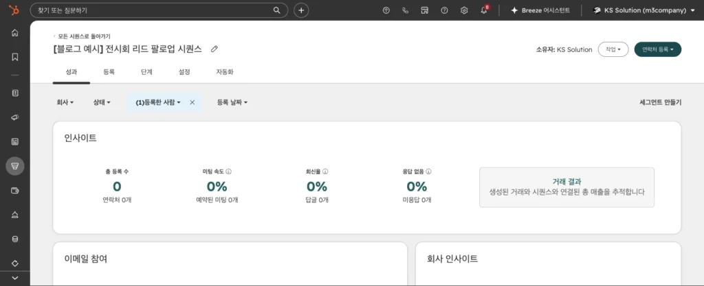 허브스팟 시퀀스 사용법 : 영업 팔로업 이메일 자동화 설정과 템플릿 예시 - 실제 허브스팟 화면 - [화면 19] 시퀀스 > 성과 탭