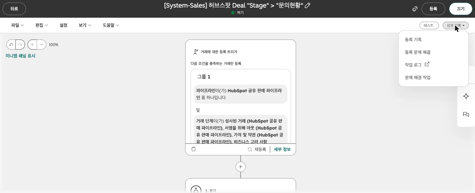 허브스팟 워크플로우 설정 가이드 : 담당자 자동 지정·내부 알림·테스트까지 - 실제 허브스팟 화면 - [화면 28] 편집기 우측 상단 '성과 기록'