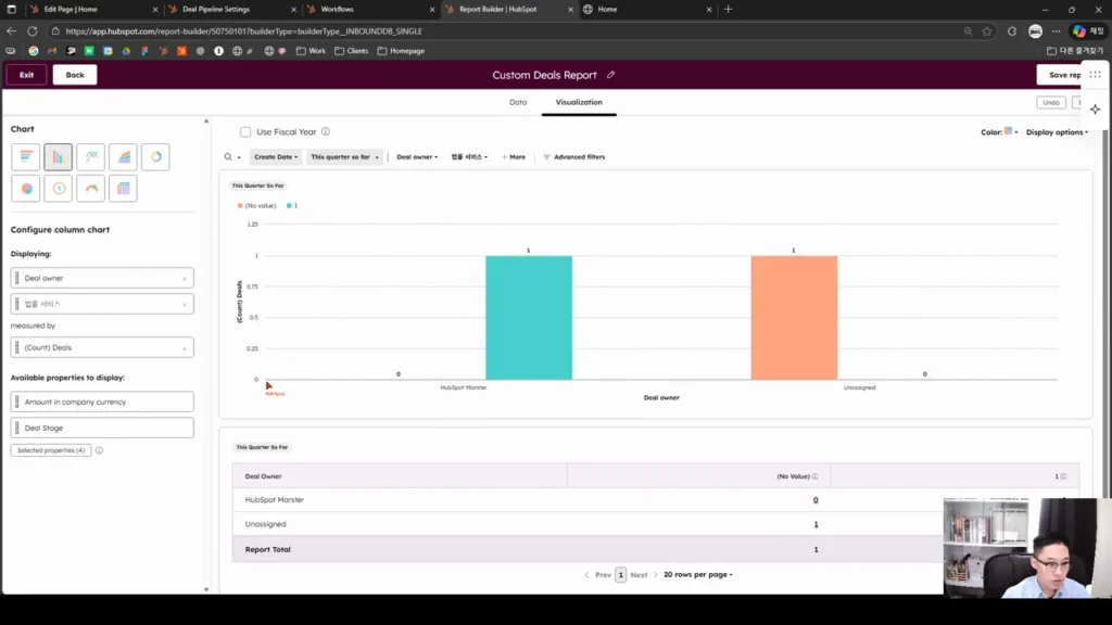 법률사무소 CRM 운영 시나리오 - 실제 허브스팟 화면 캡쳐 - [화면 36] Custom Deals Report